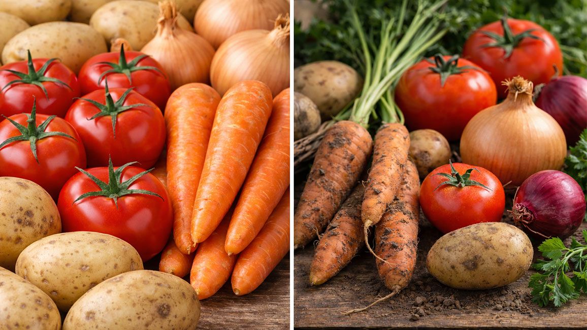 Porovnání zeleniny podle vzhledu. Dokonalá z obchodu a chutná z farmy